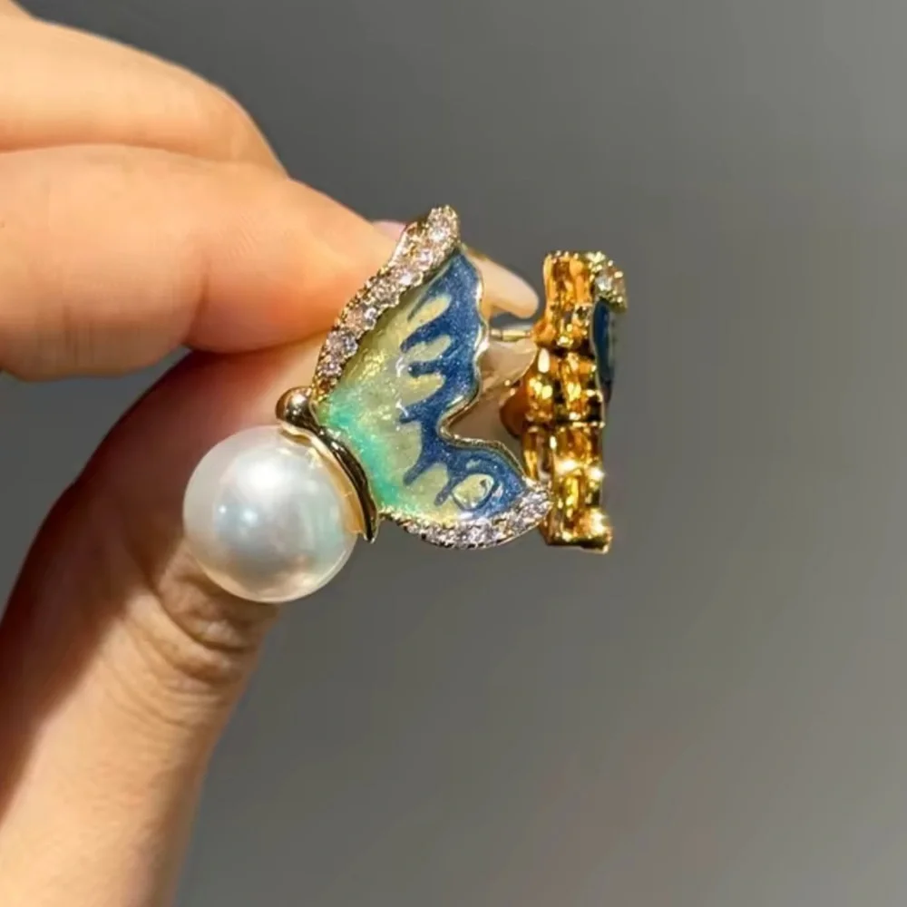 Vintage Luxury Craftsmanship Elegant Butterfly Pearl Ring Earrings Set